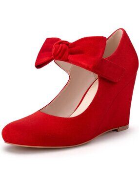 Women's Red Bow Wedge Pumps With Ankle Strap Closed Toe Dressy Heels Shoes